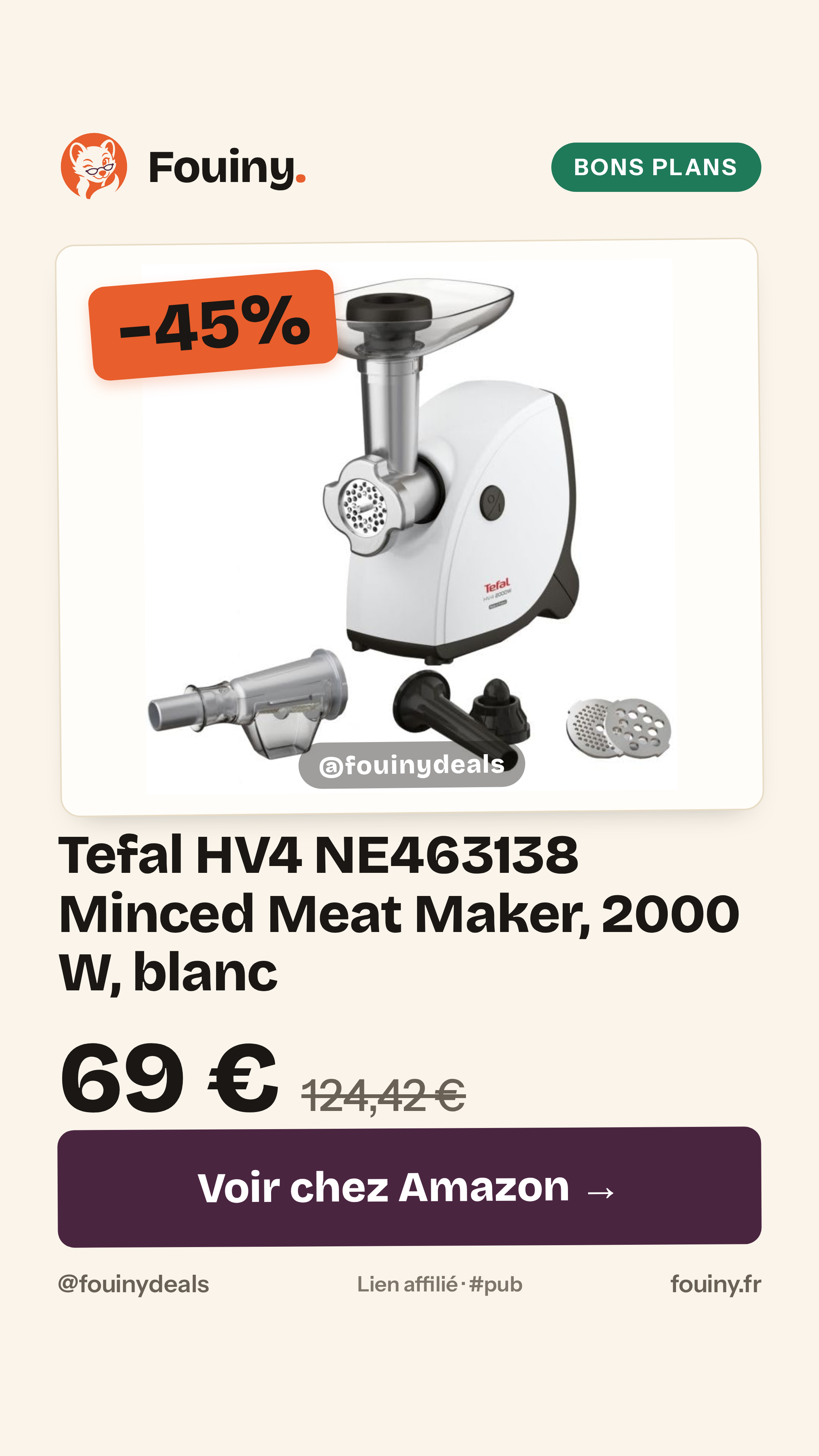 Tefal HV4 NE463138 Minced Meat Maker, 2000 W, blanc
