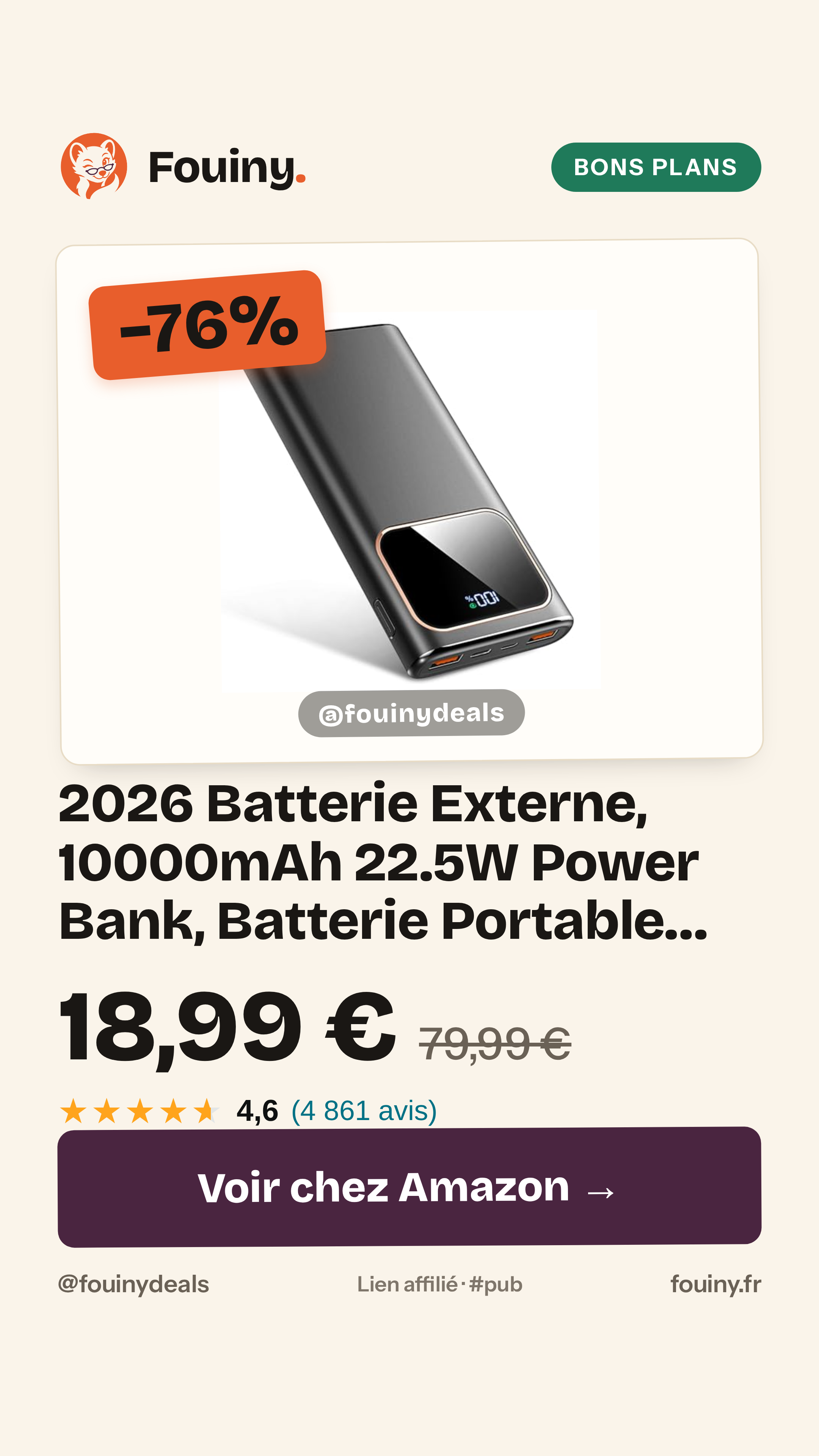 2026 Batterie Externe, 10000mAh 22.5W Power Bank, Batterie Portable USB C Input & Output PD3.0 QC4.0,Charge Rapide Powerbank à Affichage LED pour iPhone Samsung et Autres téléphone（Noir）