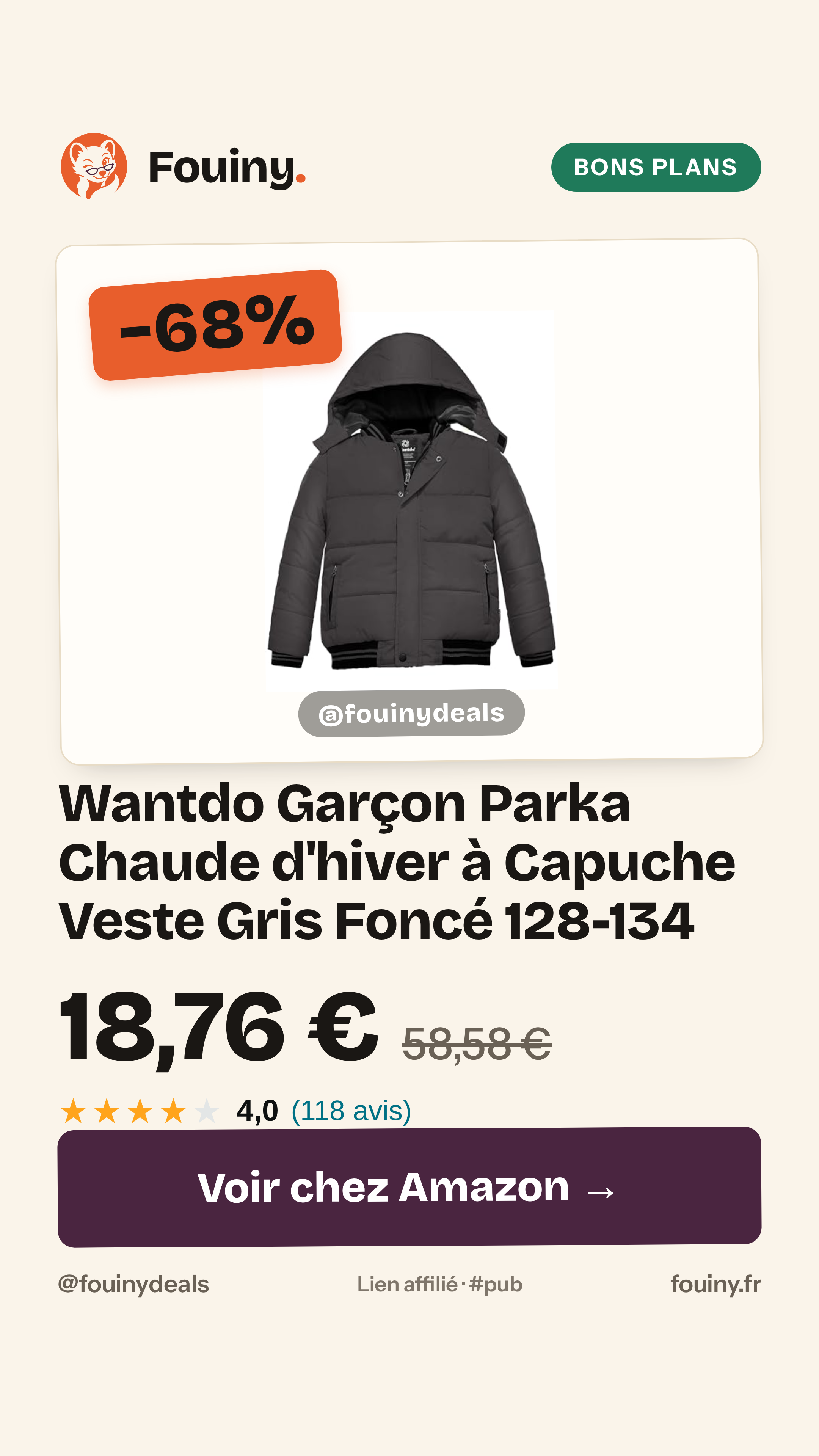 Wantdo Garçon Parka Chaude d'hiver à Capuche Veste Gris Foncé 128-134