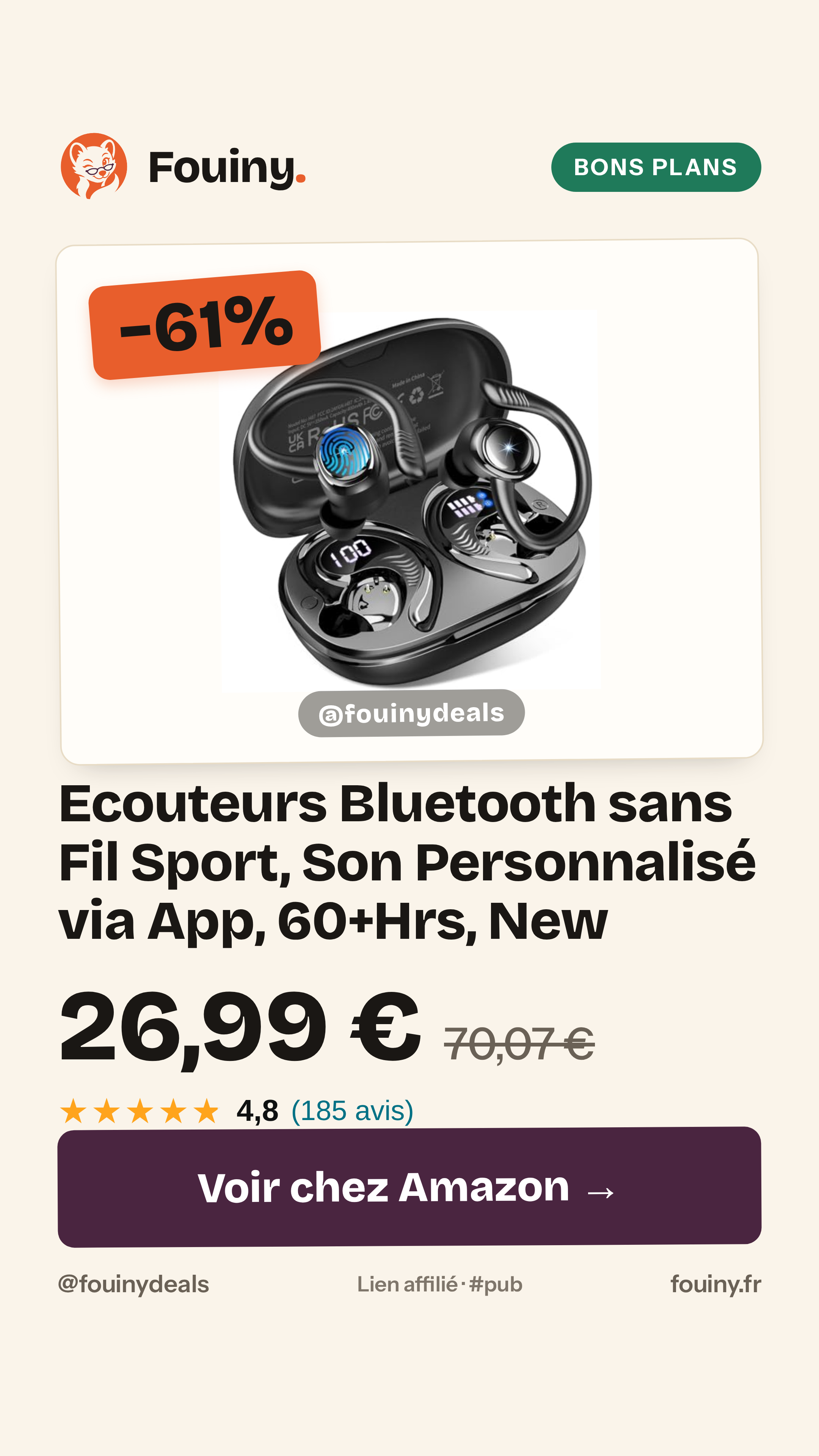 Ecouteurs Bluetooth sans Fil Sport, Son Personnalisé via App, 60+Hrs, New