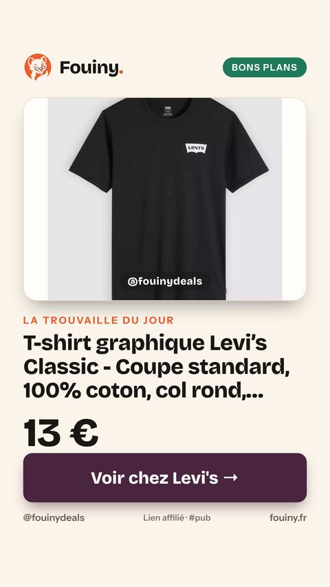 T-shirt graphique Levi’s Classic - Coupe standard, 100% coton, col rond, coloris noir ou blanc, du XS au XL
