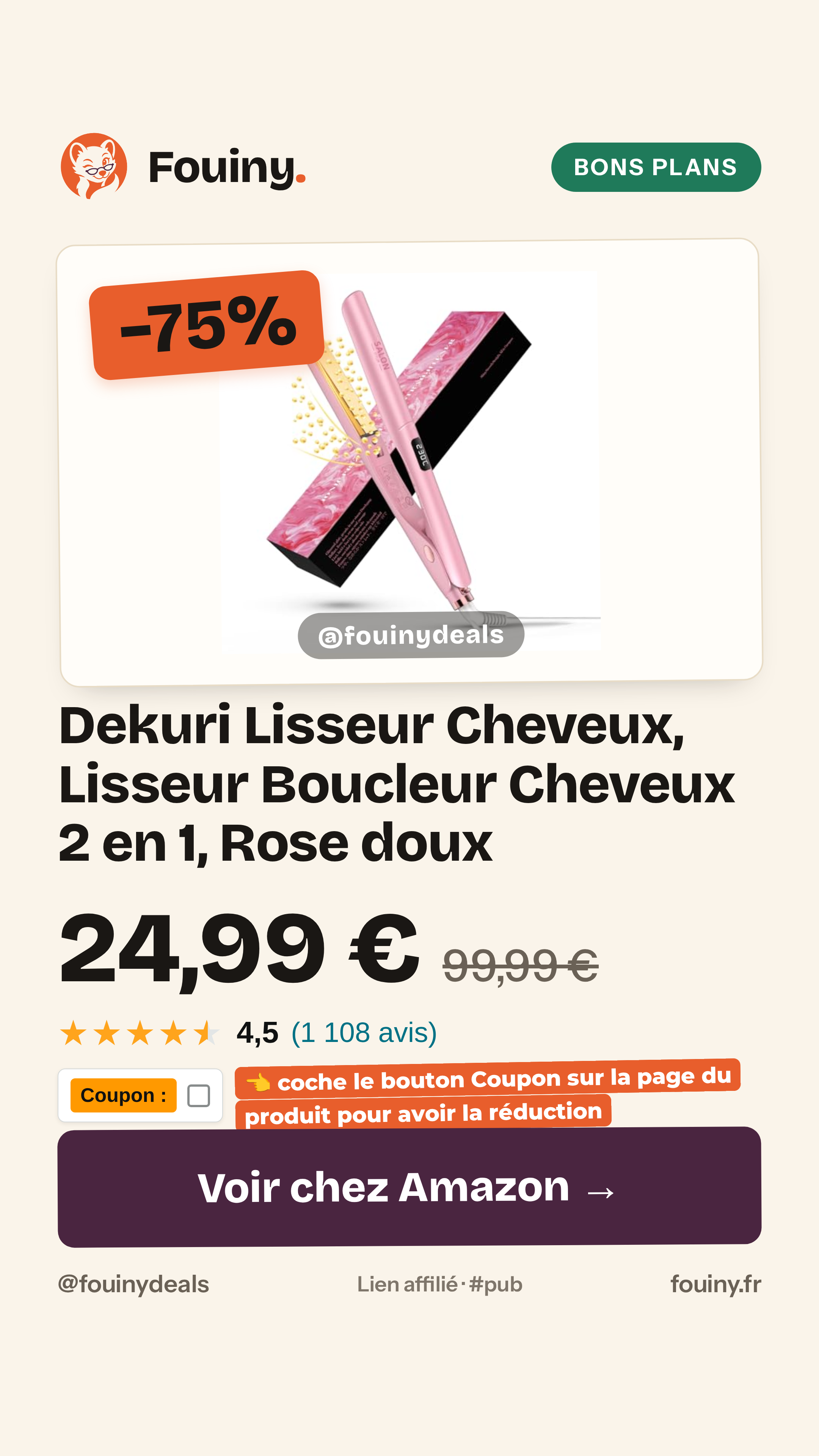 Dekuri Lisseur Cheveux, Lisseur Boucleur Cheveux 2 en 1, Rose doux
