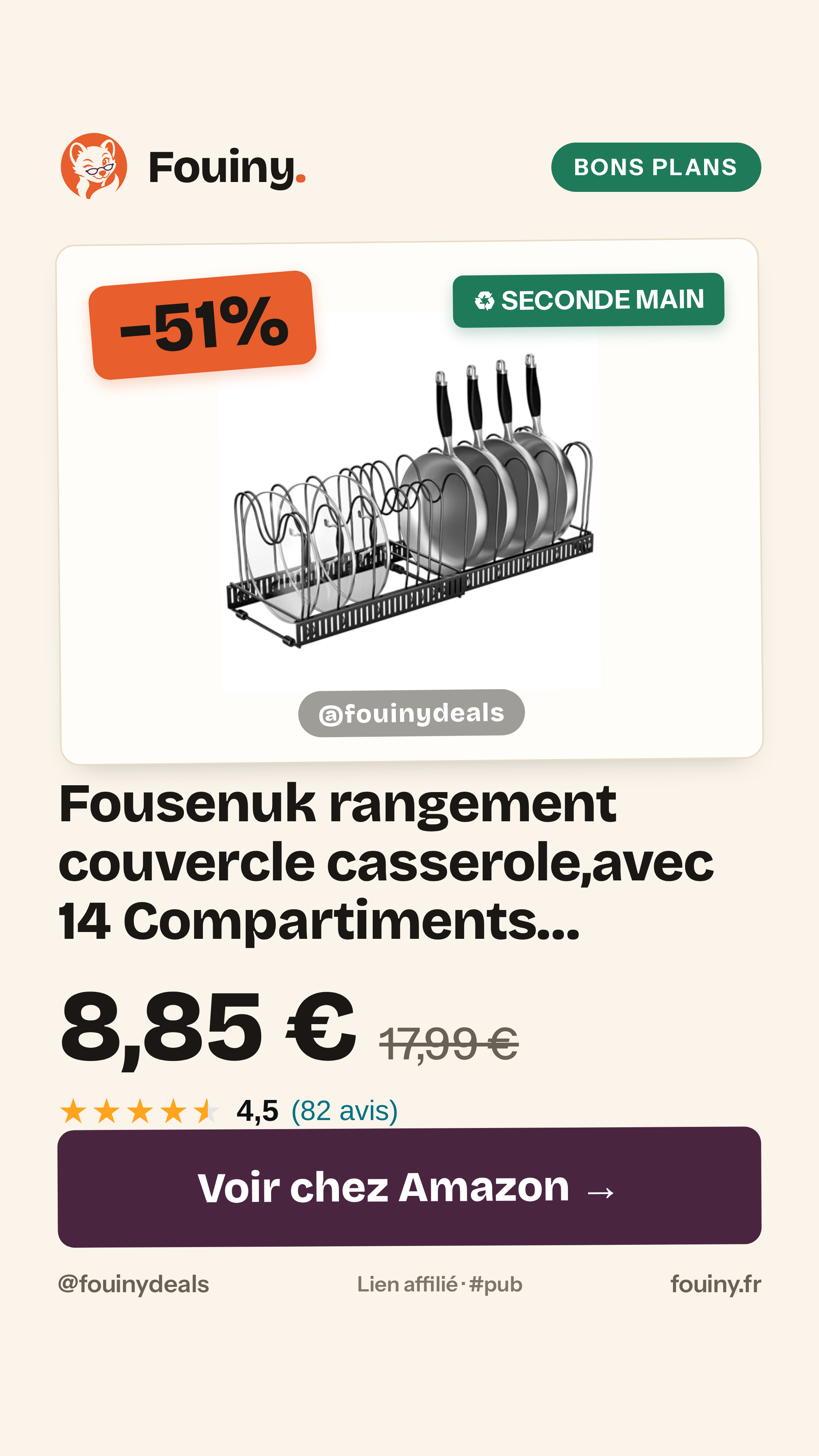 Fousenuk rangement couvercle casserole,avec 14 Compartiments Réglables,Noir