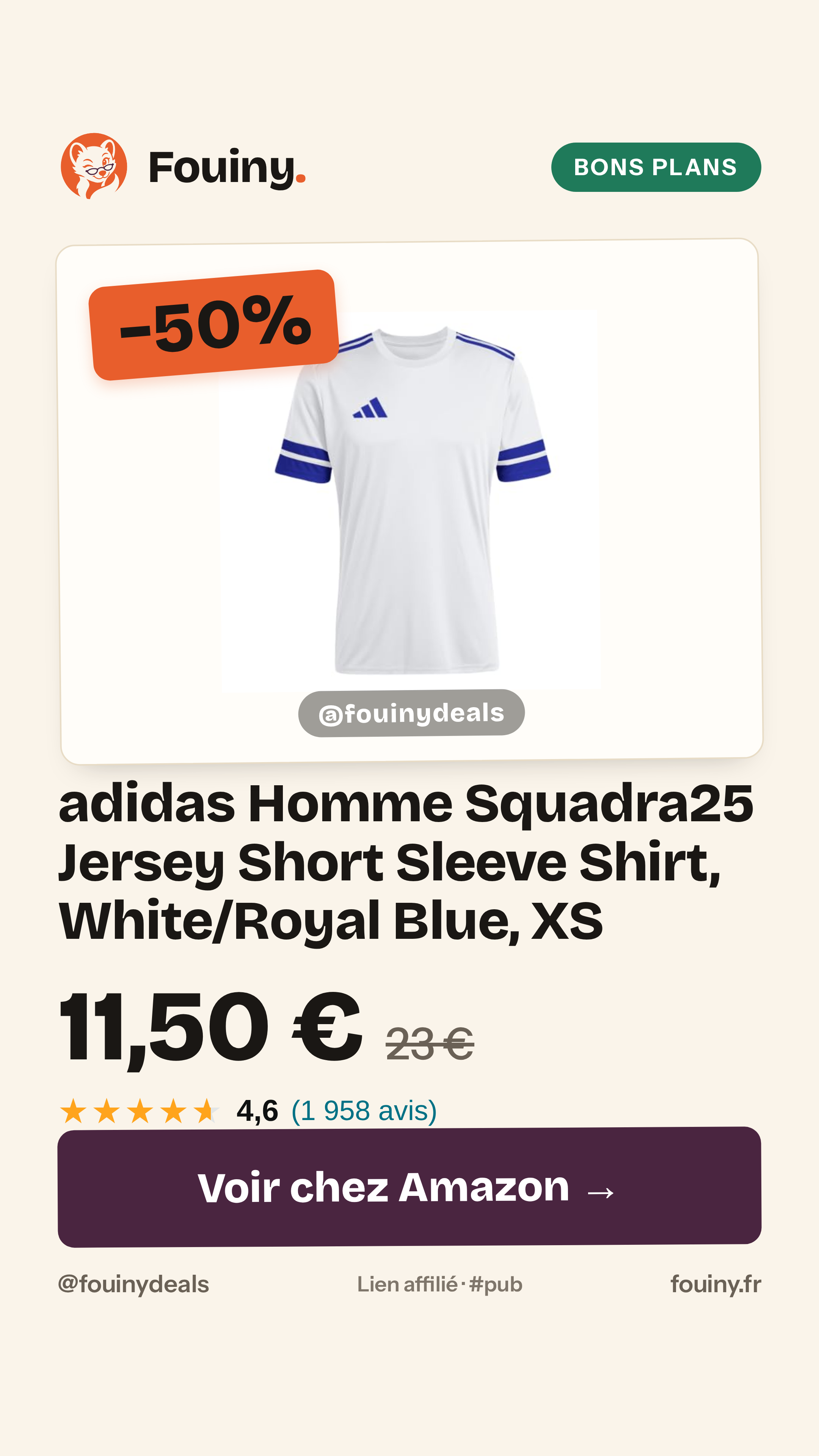 adidas Homme Squadra25 Jersey Short Sleeve Shirt, White/Royal Blue, XS