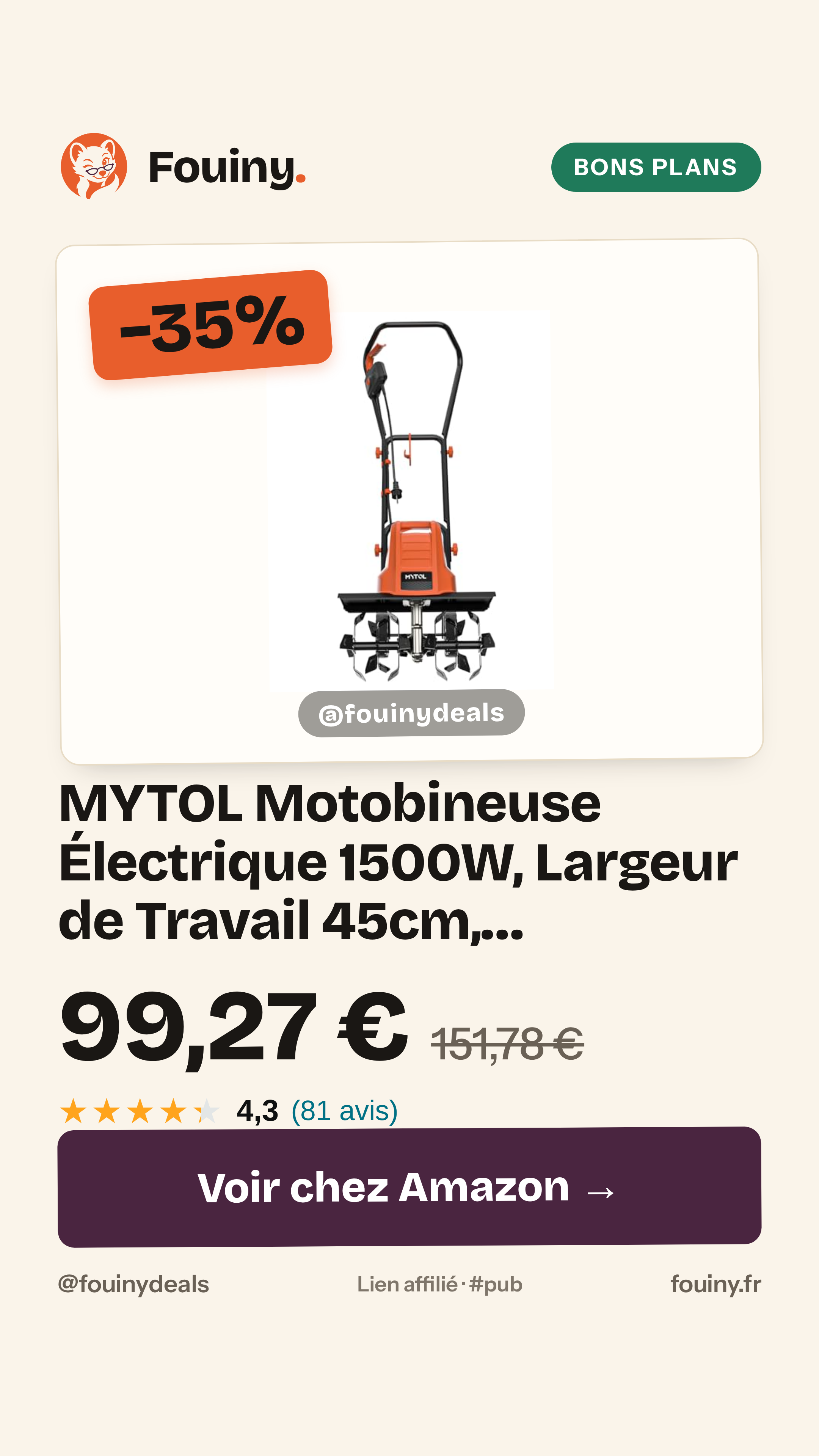 MYTOL Motobineuse Électrique 1500W, Largeur de Travail 45cm, Profondeur 22cm, Bêche Légère avec 6×4 Dents en Acier Robus