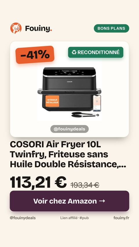COSORI Air Fryer 10L Twinfry, Friteuse sans Huile Double Résistance, Airfryer à Dual Zone Avec Séparateur Amovible, 5-en-1, Grande Capacité, Cuisson optimale, 40℃-240℃, 70 Recettes en ligne,Noir 10L