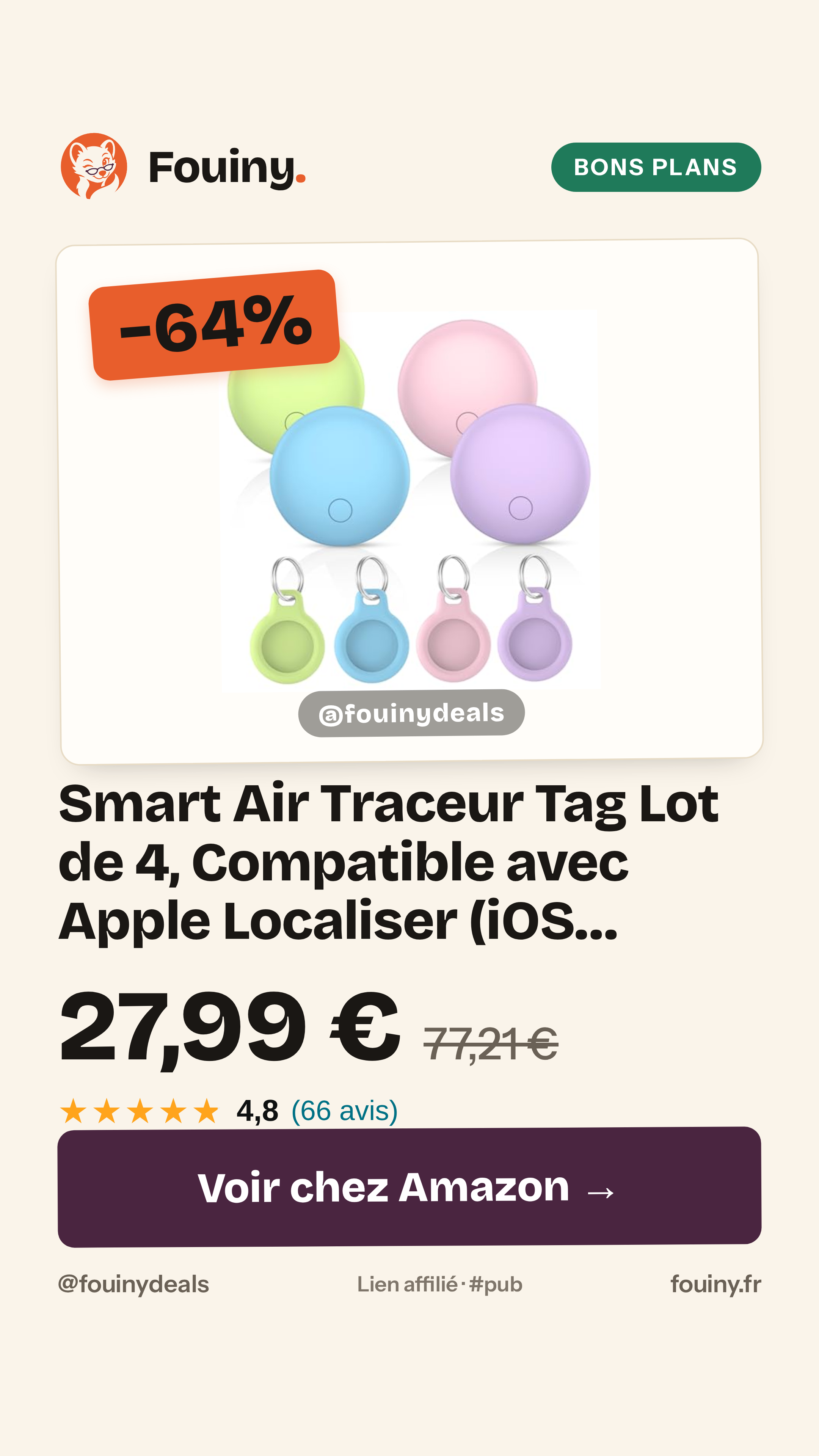 Smart Air Traceur Tag Lot de 4, Compatible avec Apple Localiser (iOS Uniquement), Air Localisateurs Tags pour Valises Portefeuilles Clés Sacs, 100dB Bip, Suivi Mondial, IP68, Batterie Remplaçable