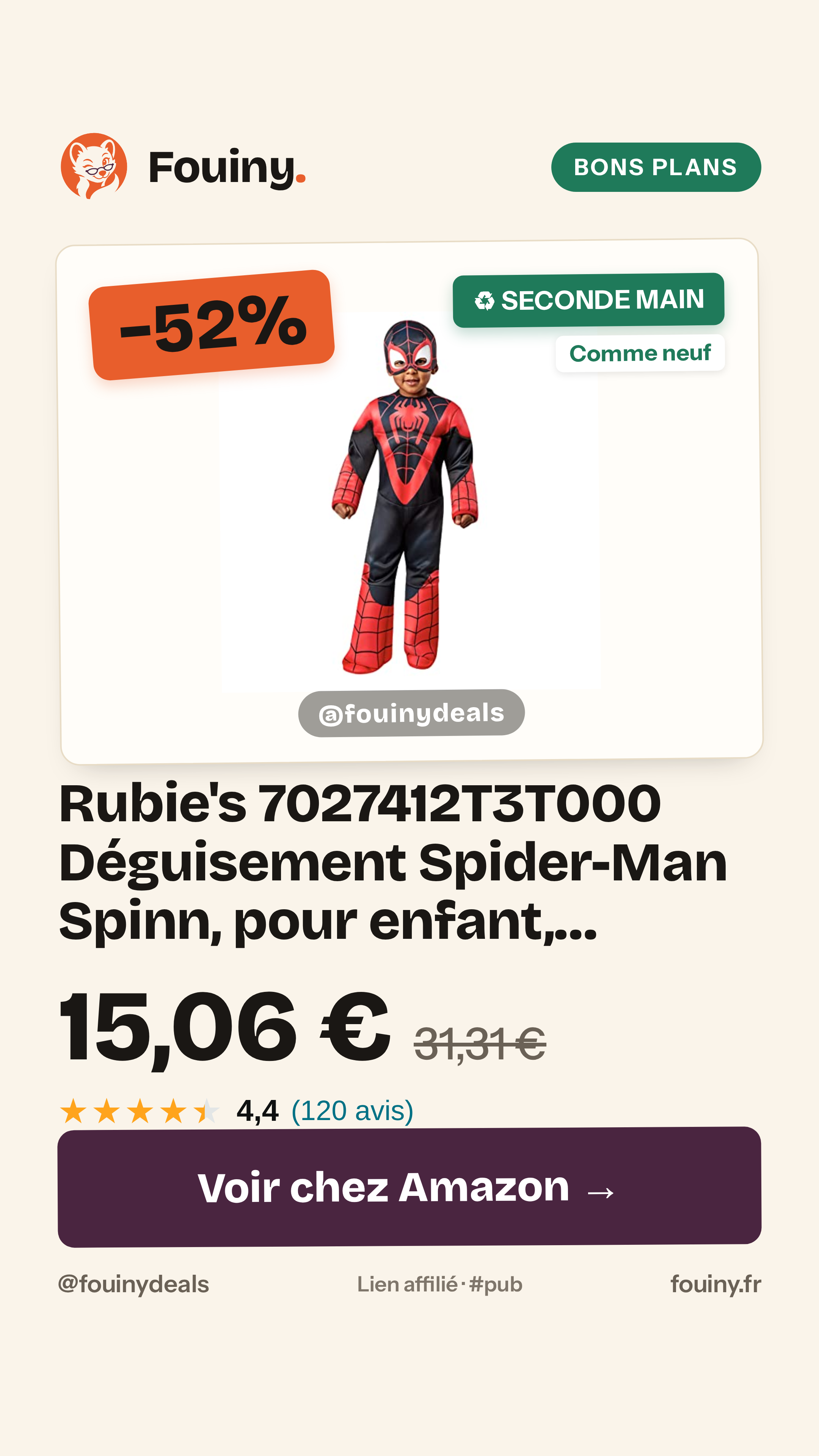 Rubie's 7027412T3T000 Déguisement Spider-Man Spinn, pour enfant, multicolore, 2-3 ans