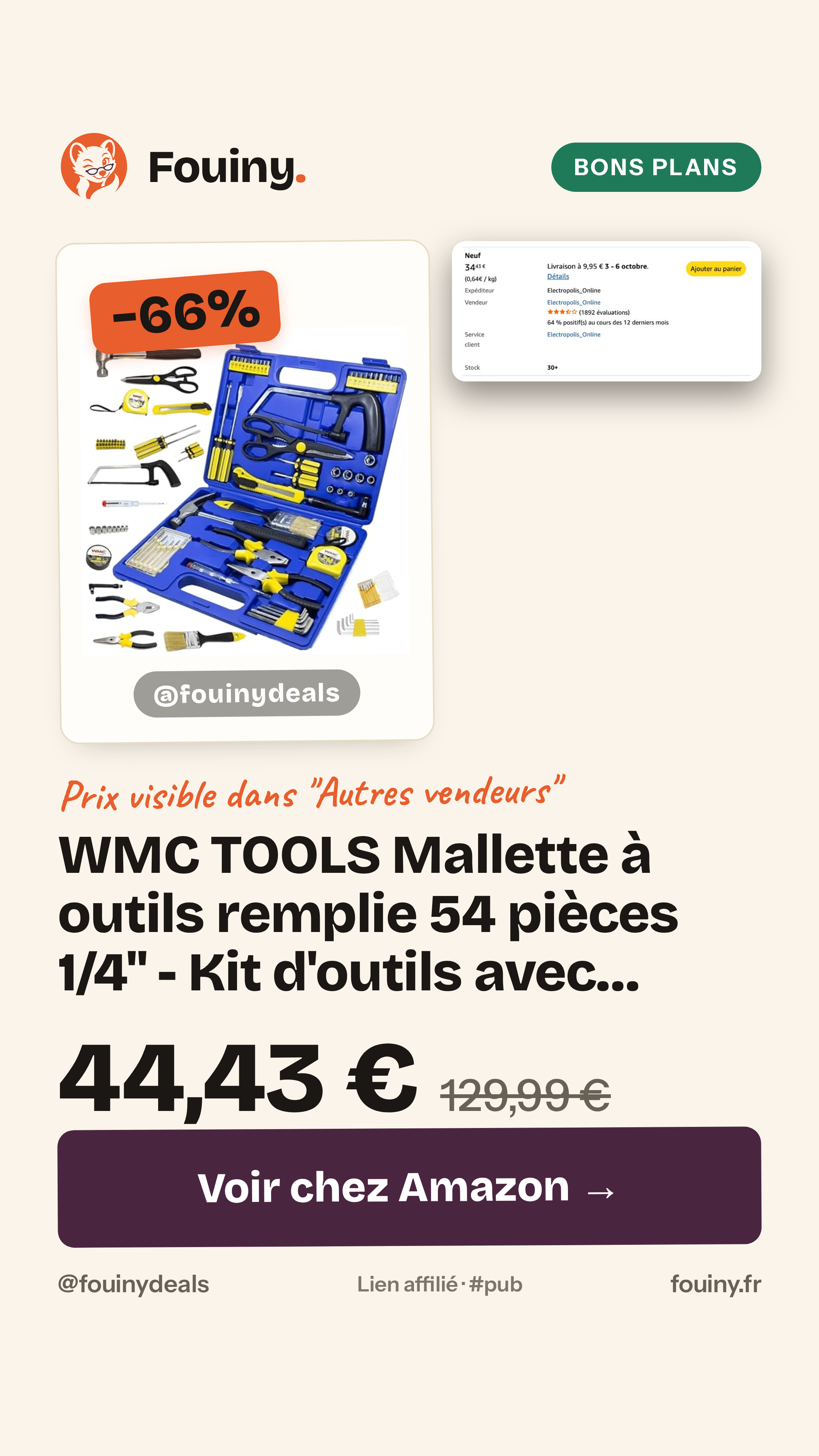 WMC TOOLS Mallette à outils remplie 54 pièces 1/4" - Kit d'outils avec douilles 5-13 mm, cliquet, 20 embouts, marteau 23