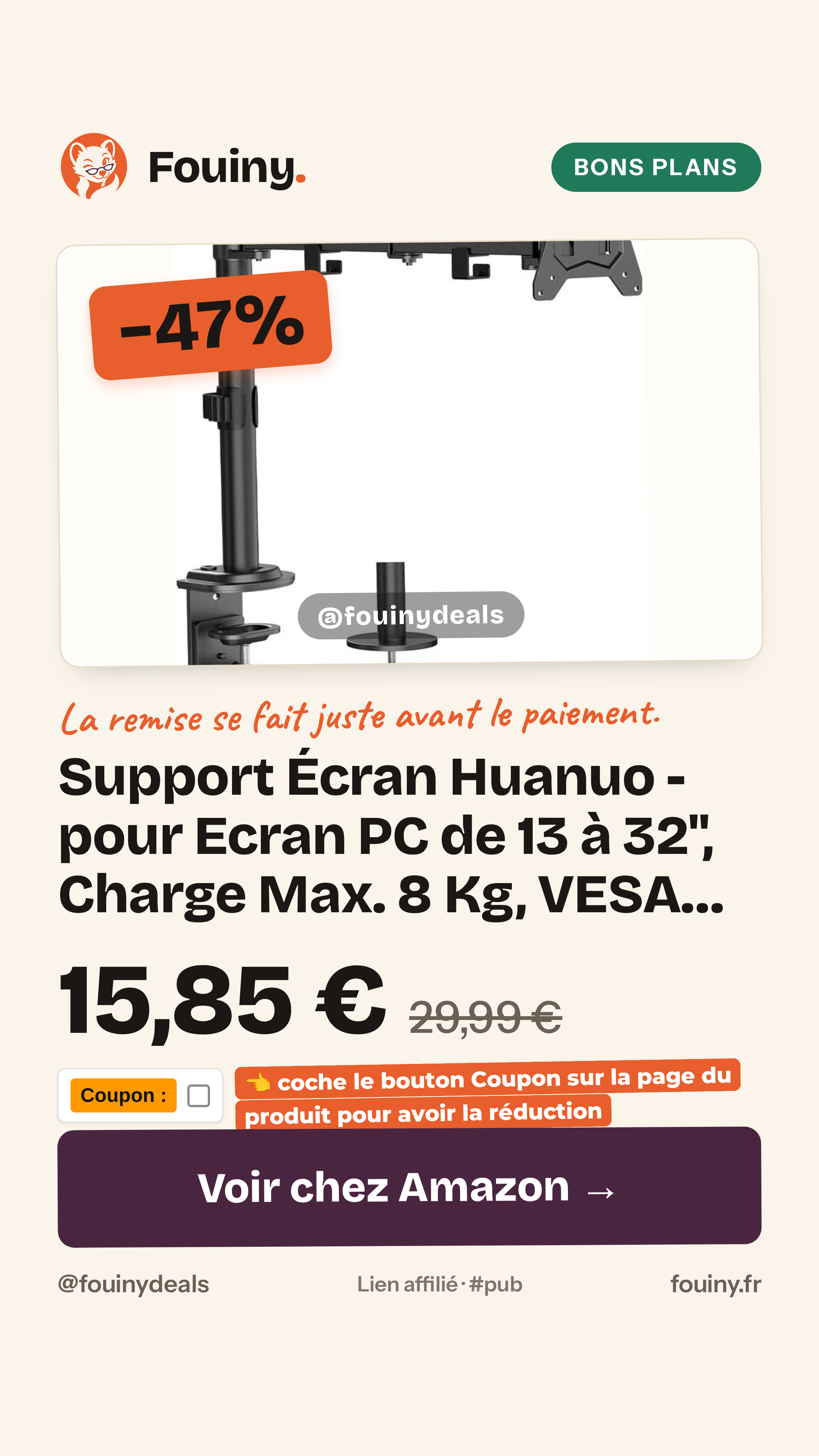 Support Écran Huanuo - pour Ecran PC de 13 à 32", Charge Max. 8 Kg, VESA 75/100mm