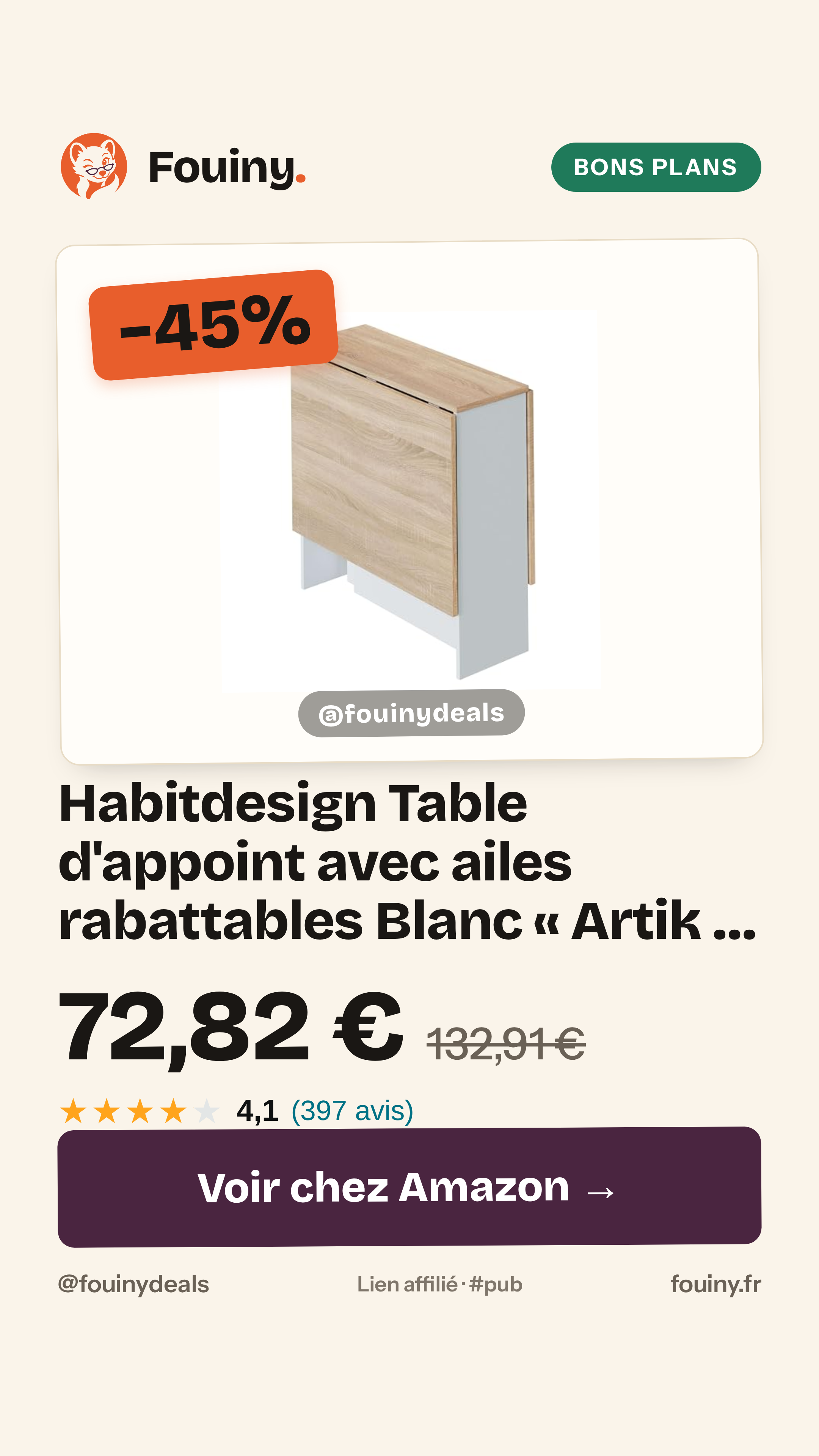 Habitdesign Table d'appoint avec ailes rabattables Blanc « Artik » et chêne canadien, dimensions : 77 cm (longueur) x 31