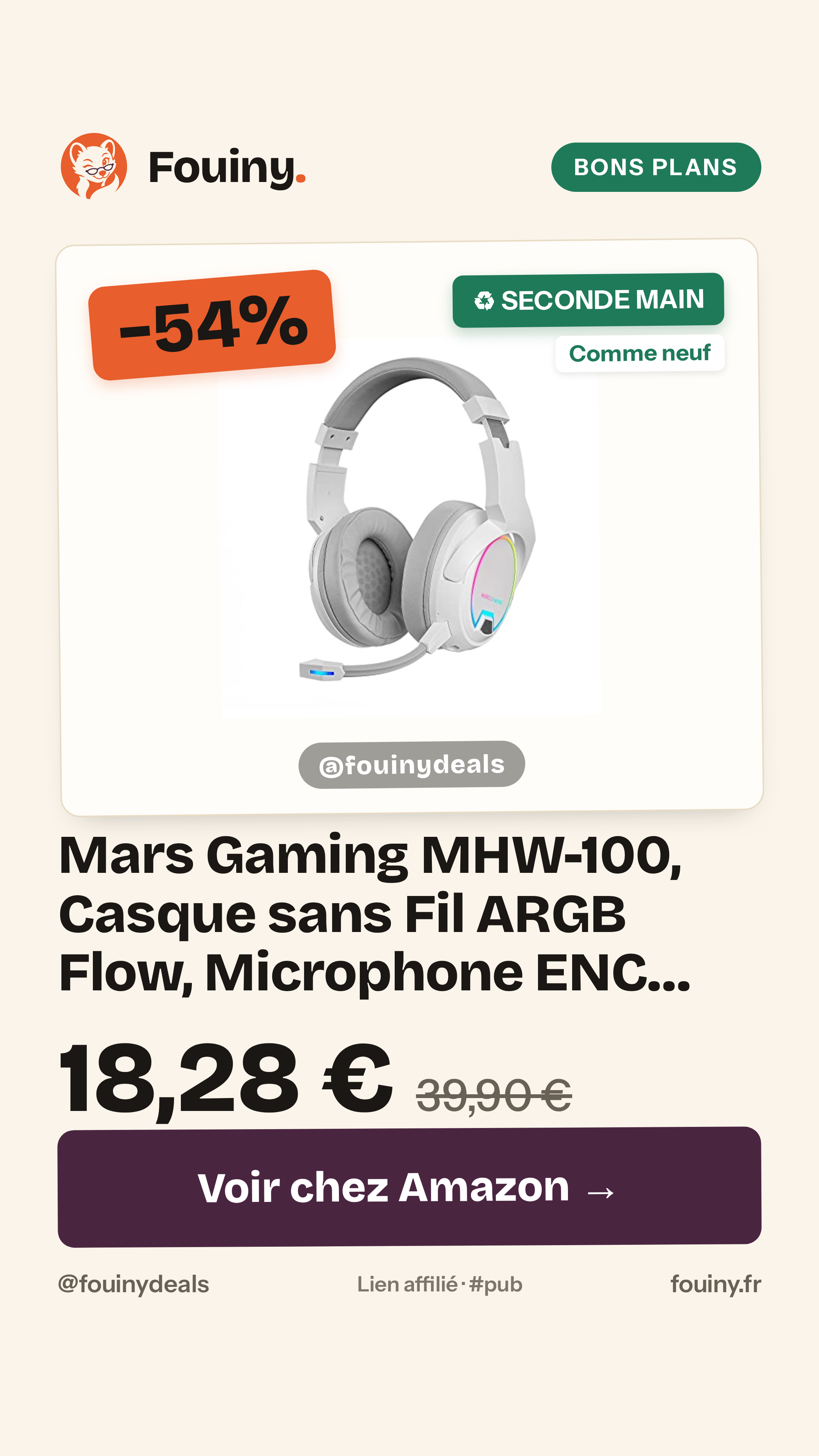 Mars Gaming MHW-100, Casque sans Fil ARGB Flow, Microphone ENC Amovible, Réduction Bruit Active ENC + Passive, Windows/P