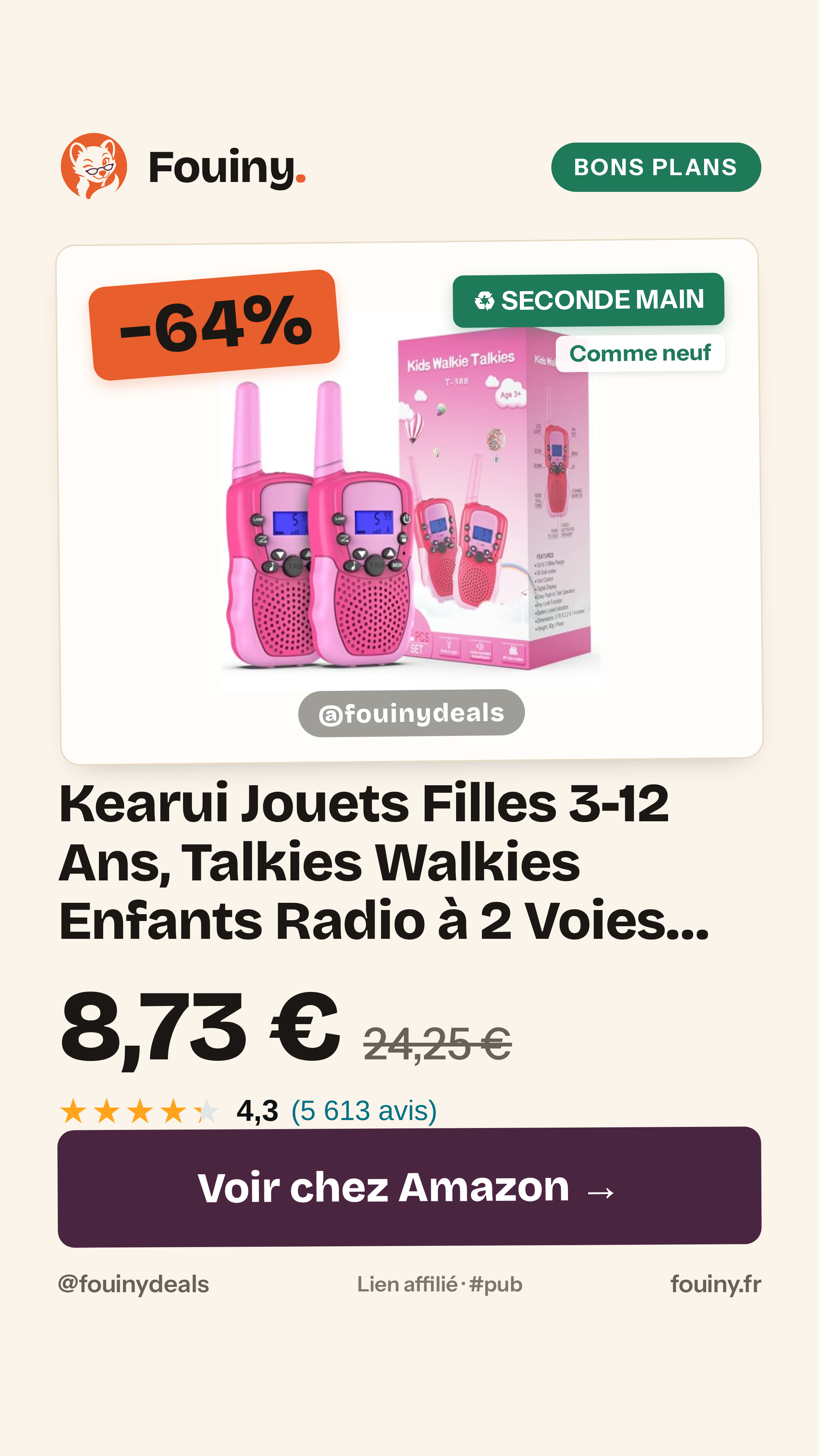 Kearui Jouets Filles 3-12 Ans, Talkies Walkies Enfants Radio à 2 Voies avec 8 Canaux, Lampe de Poche LCD Rétro-éclairée,