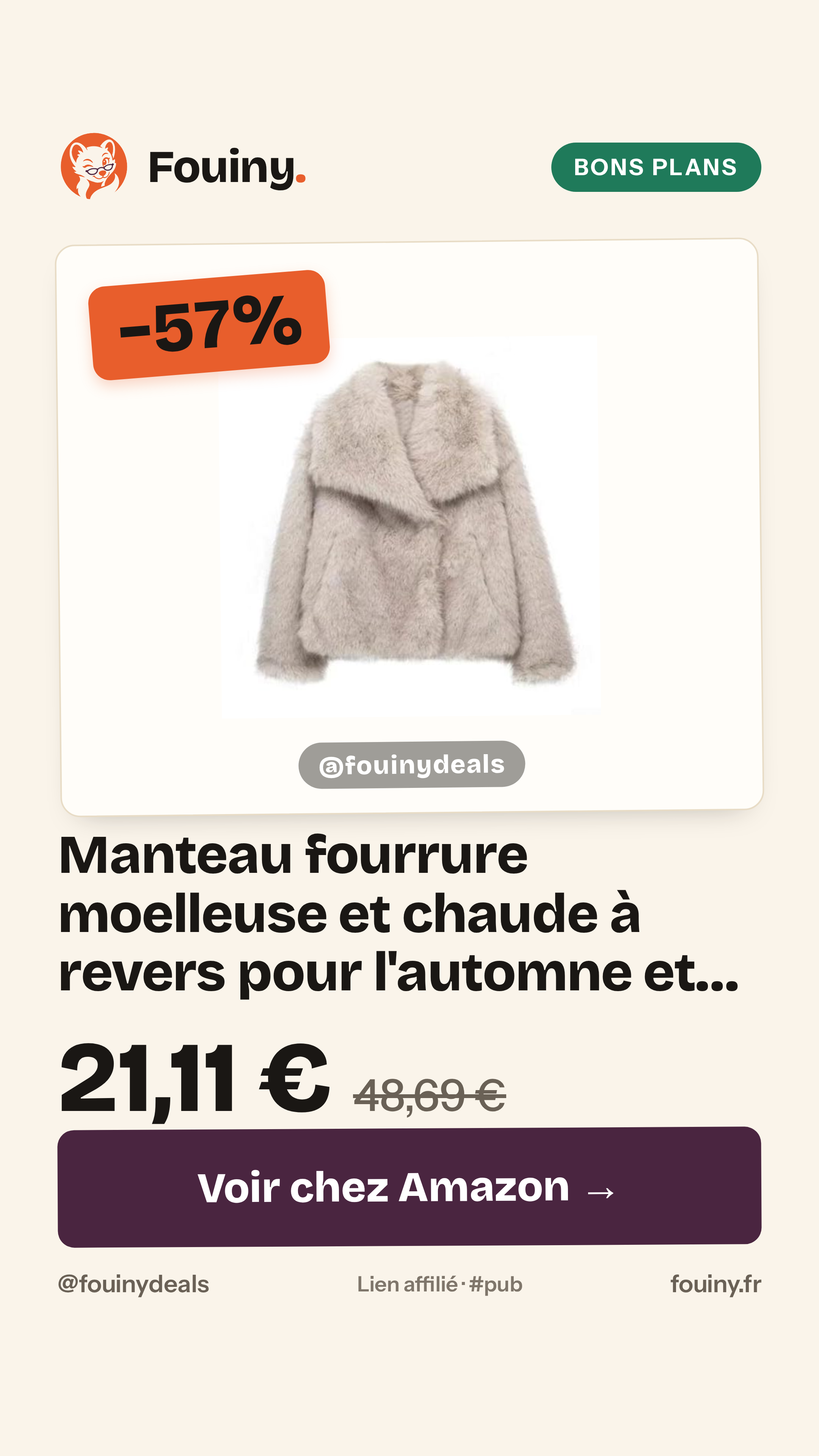 Manteau fourrure moelleuse et chaude à revers pour l'automne et l'hiver (M, beige)