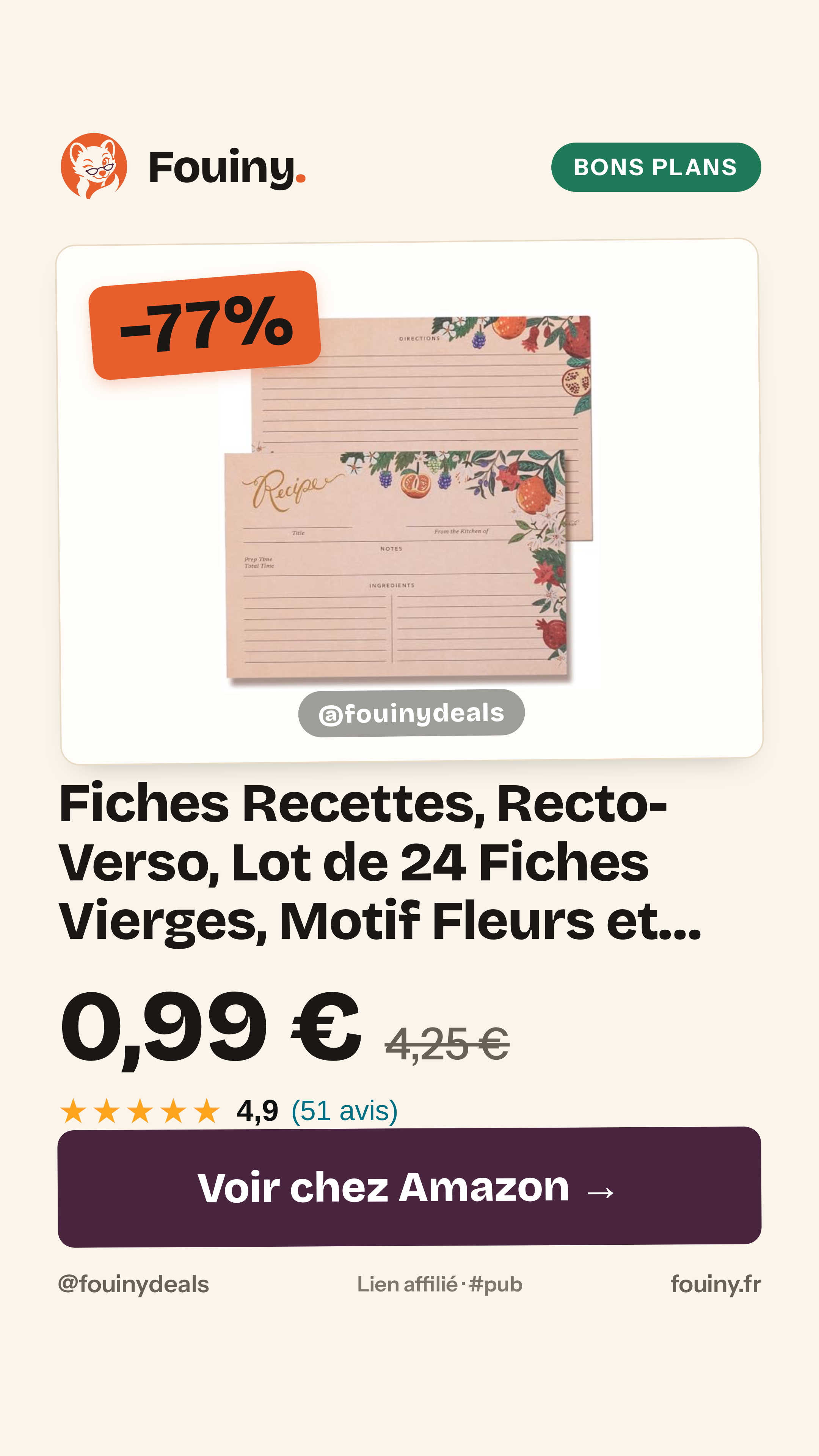 Fiches Recettes, Recto-Verso, Lot de 24 Fiches Vierges, Motif Fleurs et Fruits de Toscane, 10,16 x 15,24 cm
