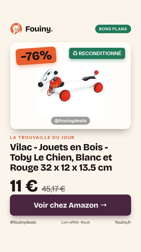 Vilac - Jouets en Bois - Toby Le Chien, Blanc et Rouge 32 x 12 x 13.5 cm