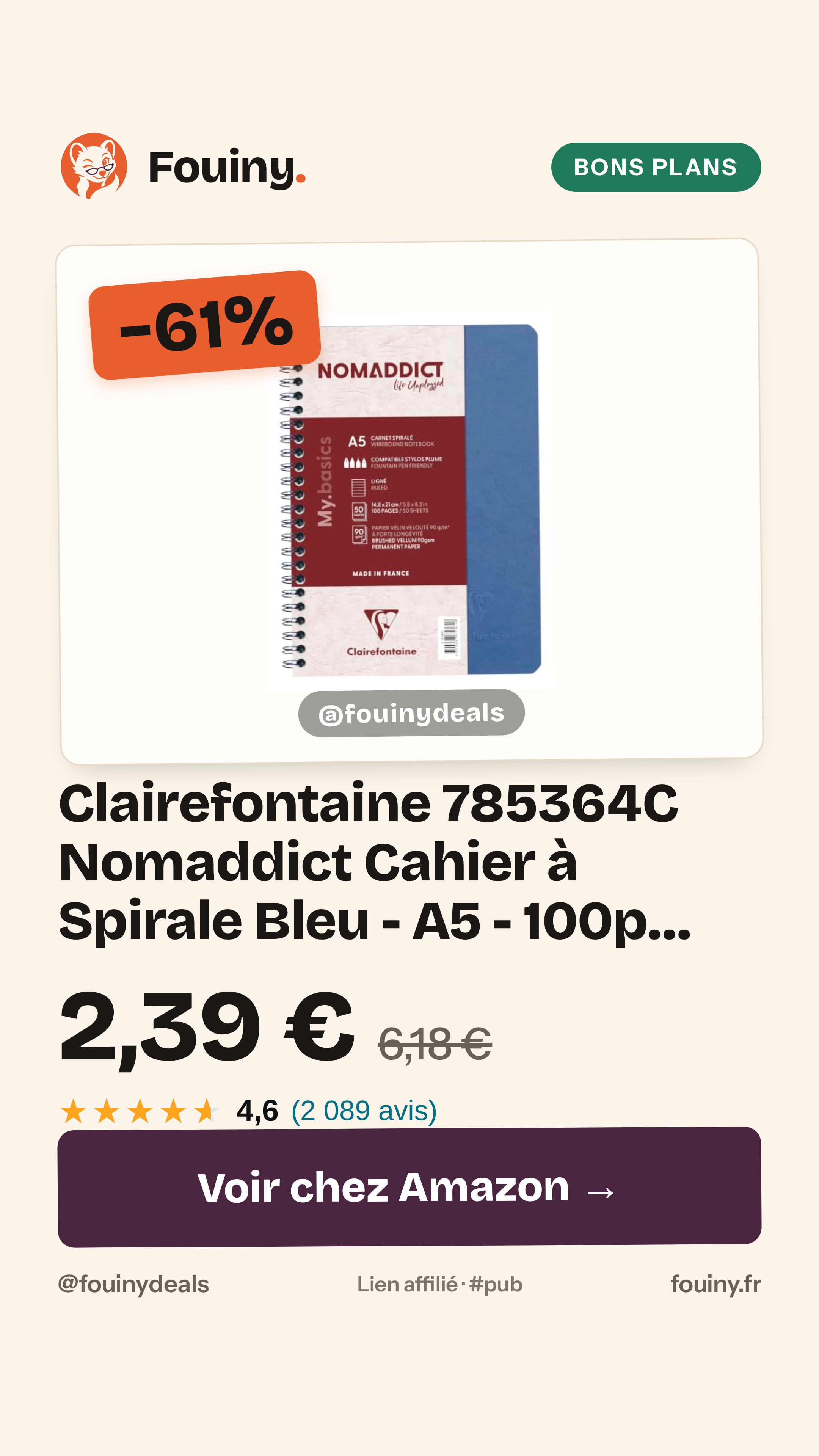 Clairefontaine 785364C Nomaddict Cahier à Spirale Bleu - A5 - 100p ligné