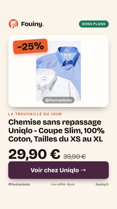 Chemise sans repassage Uniqlo - Coupe Slim, 100% Coton, Tailles du XS au XL