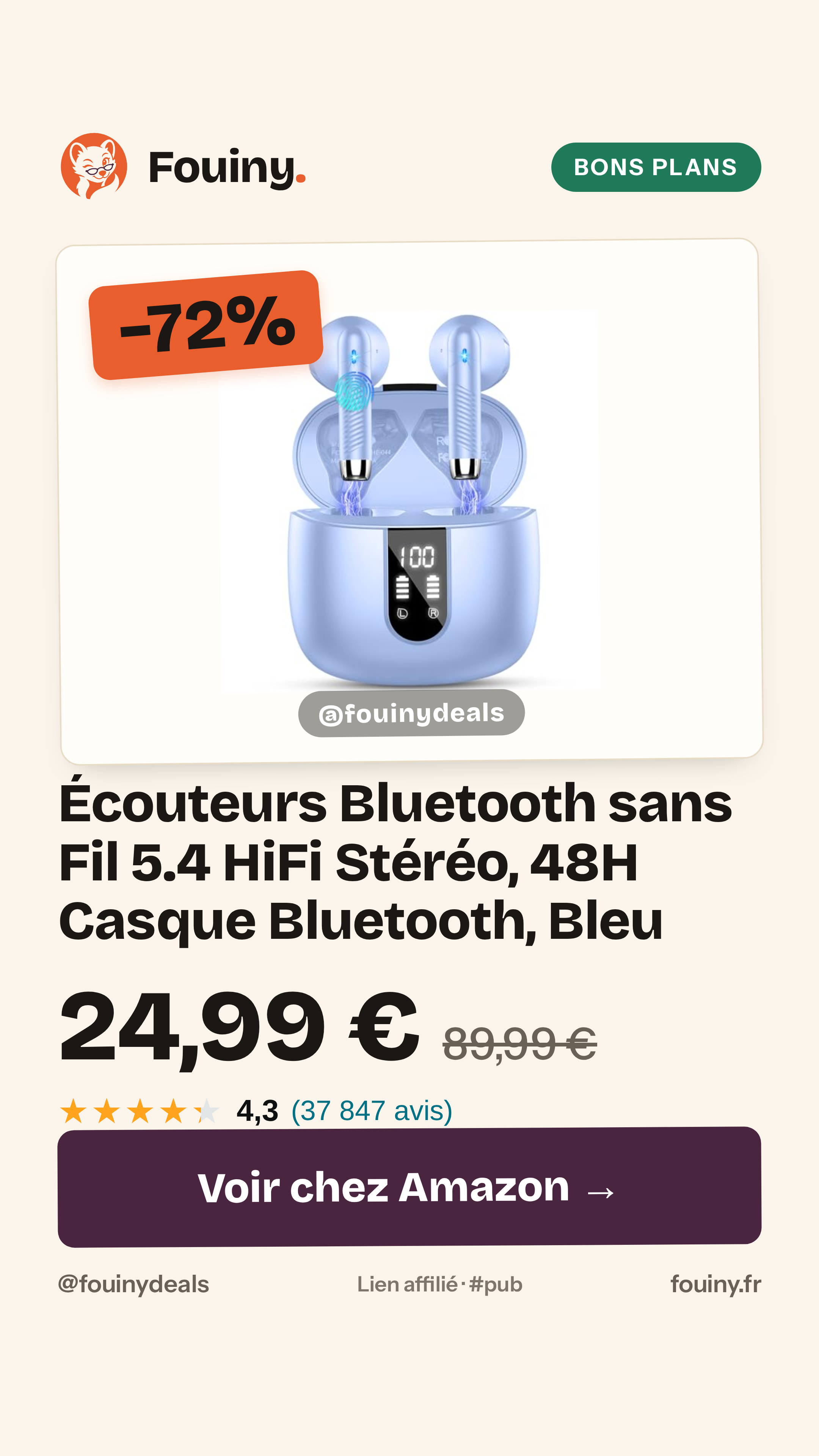 Écouteurs Bluetooth sans Fil 5.4 HiFi Stéréo, 48H Casque Bluetooth, Bleu