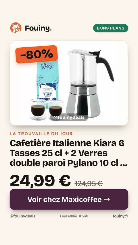 Cafetière Italienne Kiara 6 Tasses 25 cl + 2 Verres double paroi Pylano 10 cl + Café Lugat - 250g