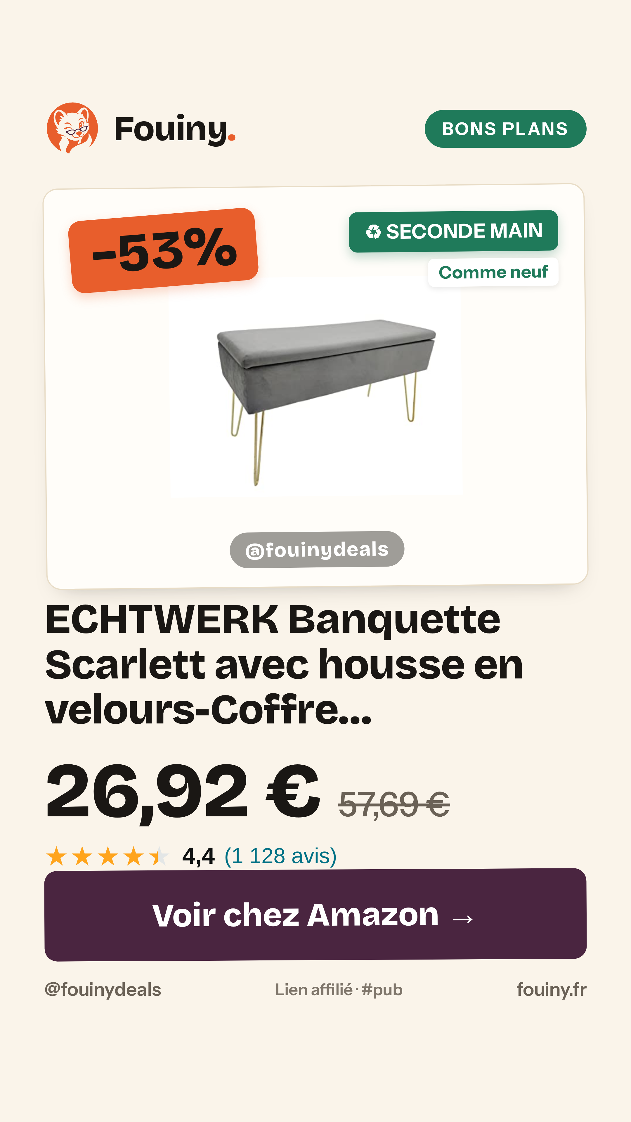 ECHTWERK Banquette Scarlett avec housse en velours-Coffre rectangulaire-Avec espace de rangement-Pieds en métal-Gris, Mé
