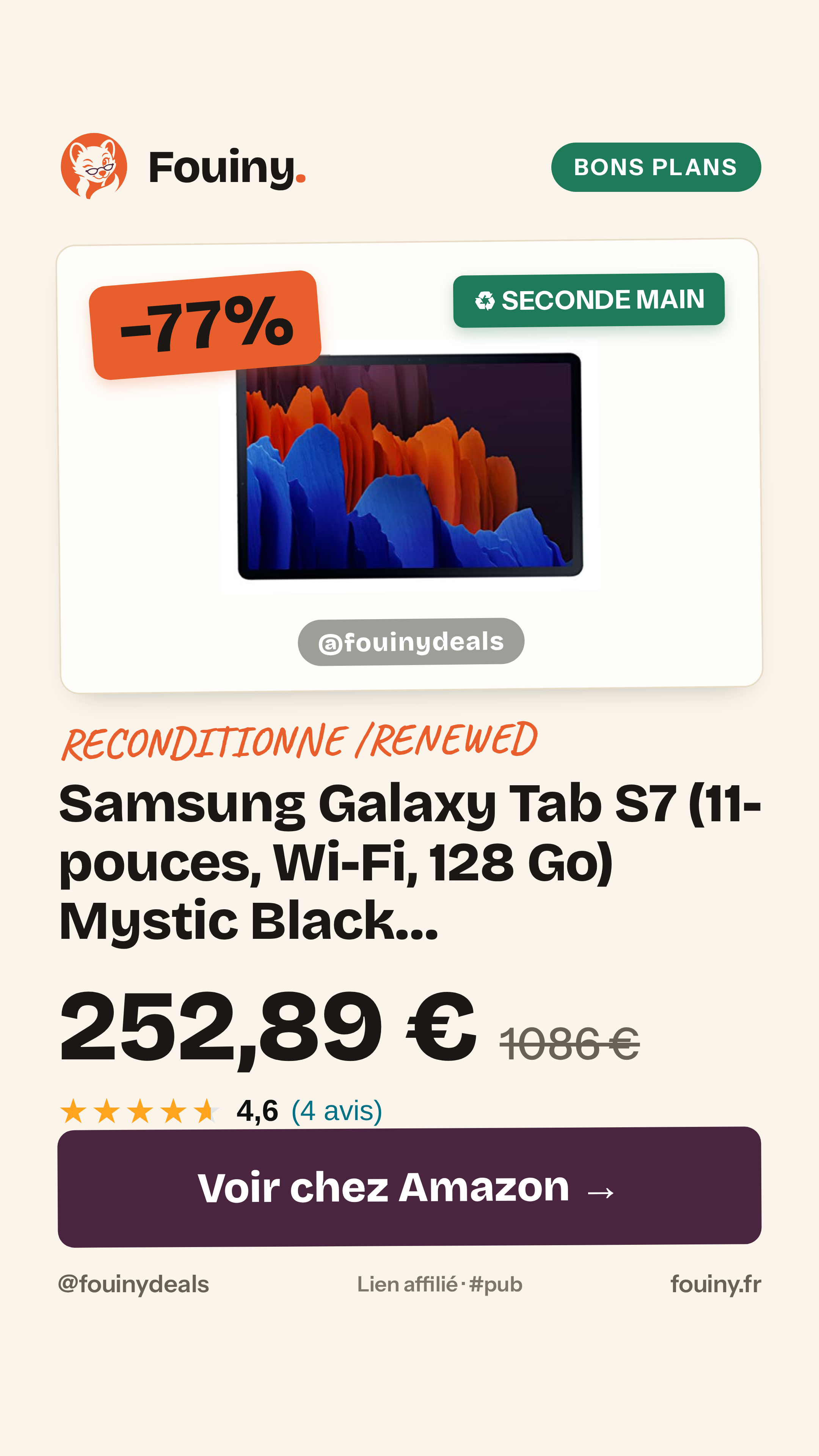 Samsung Galaxy Tab S7 (11-pouces, Wi-Fi, 128 Go) Mystic Black (Reconditionné)