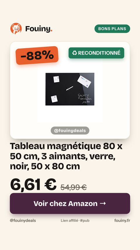 Tableau magnétique 80 x 50 cm, 3 aimants, verre, noir, 50 x 80 cm