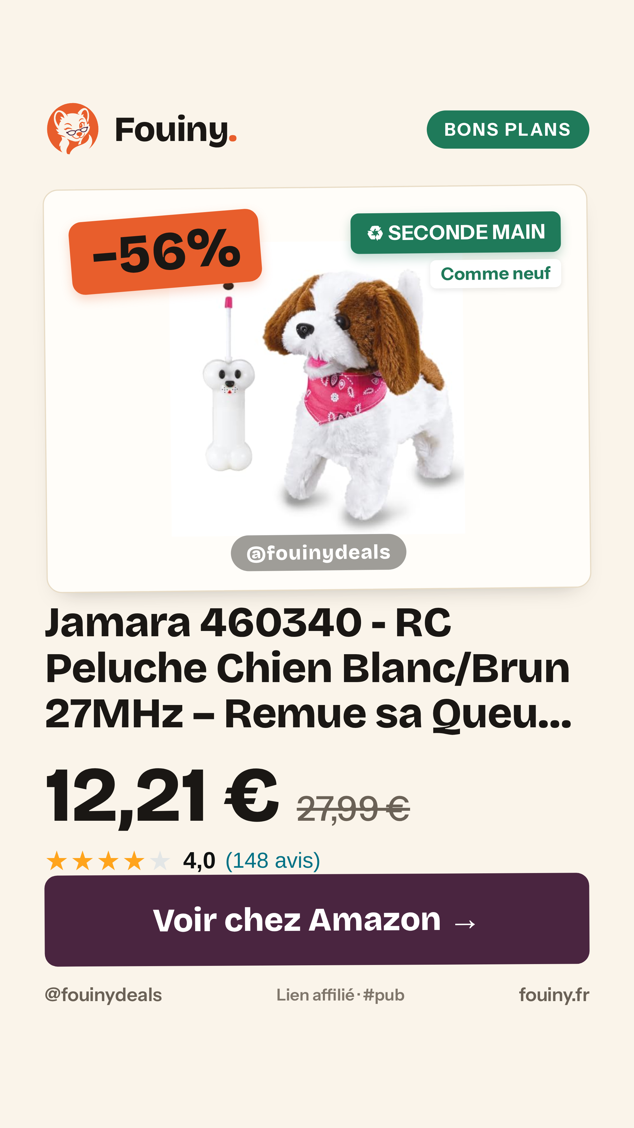 Jamara 460340 - RC Peluche Chien Blanc/Brun 27MHz – Remue sa Queue, Bouge Son museau, Bouge sa tête