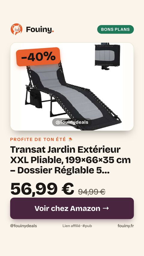 Transat Jardin Extérieur XXL Pliable, 199×66×35 cm – Dossier Réglable 5 Positions