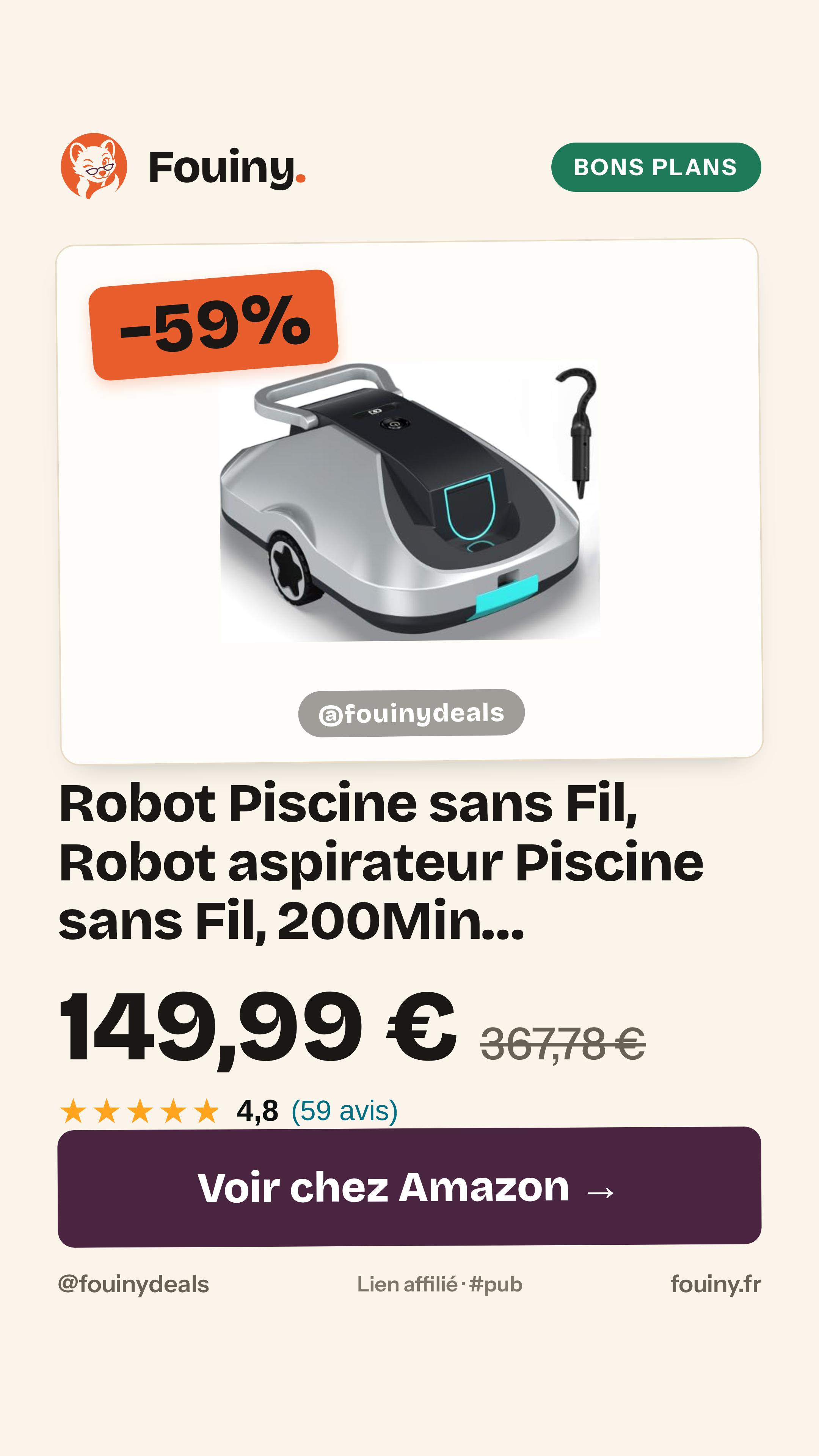 Robot Piscine sans Fil, Robot aspirateur Piscine sans Fil, 200Min d’Autonomie, Retour Automatique, Filtration Ultra-Fine, Navigation Intelligente, Compact et Portable pour Piscines Hors Sol 232 m²